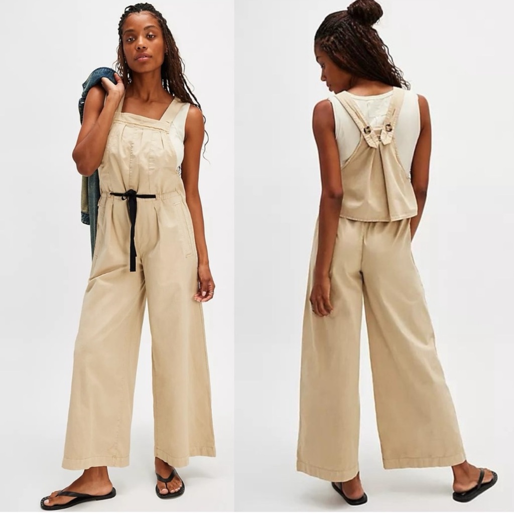Free People Beige Wide-Leg Cotton Jumpsuit